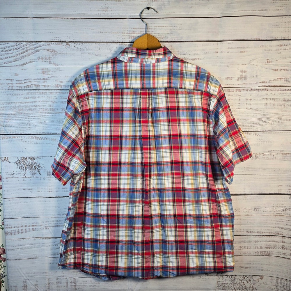 Woolrich Men's XL Plaid Button Front Short Sleeve Shirt Red Blue Cotton - Picture 2 of 4